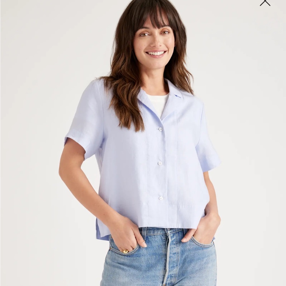 Quince	Women's Light Blue European Linen Short Sleeve Shirt sz S NWT Button Up